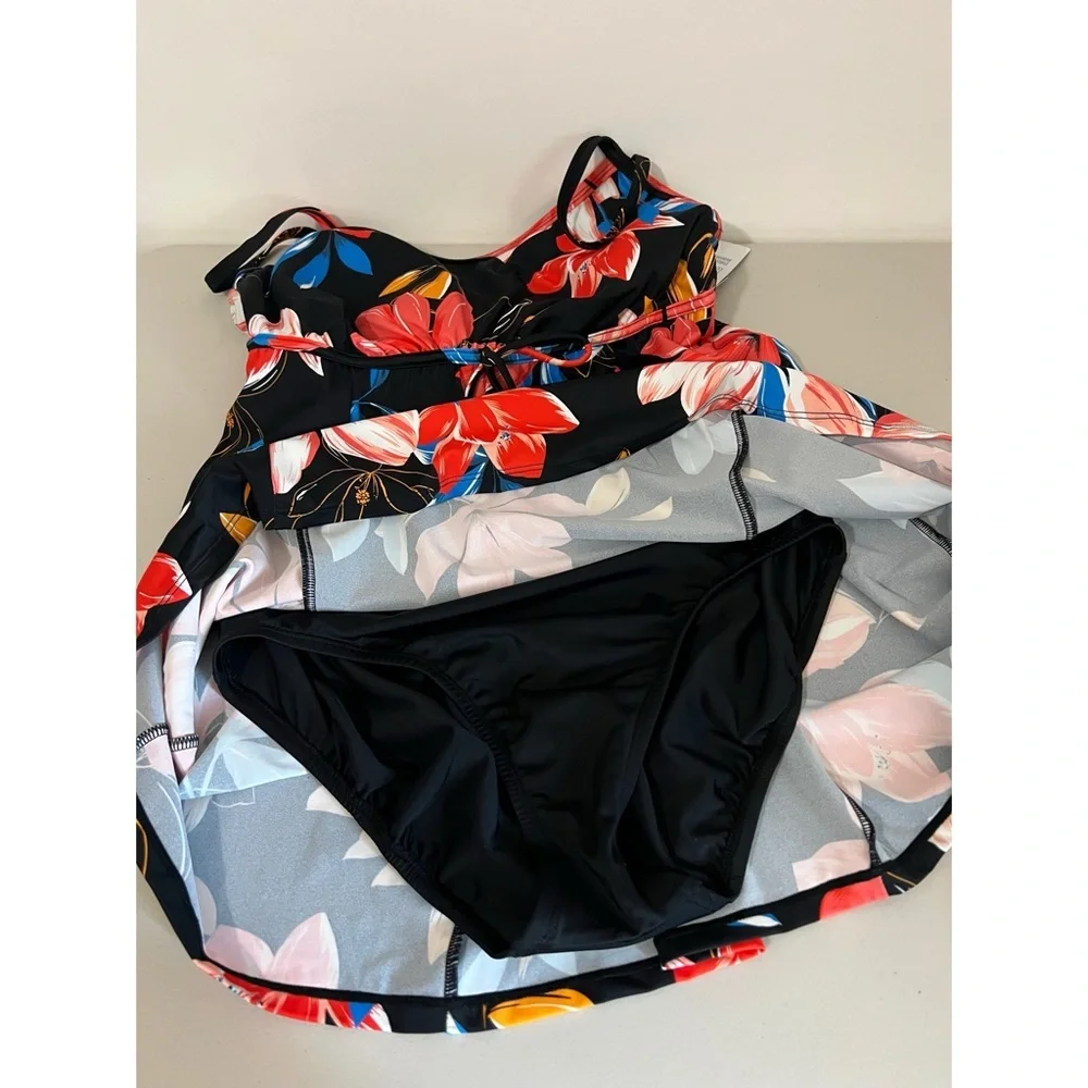 Swim Solutions Black Floral Print Empire Dress Size 12 - Picture 6 of 8